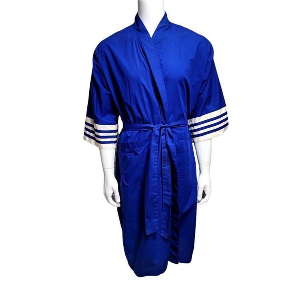 Vintage 80s Christian Dior Monsieur OS Blue‎ Lightweight Robe Striped Sleeves - Picture 1 of 12